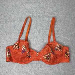 Savage Fenty Orange Floral Dolled Up Lace Bra Womens US 36C Adjustable Romantic